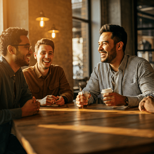 Diverse group of young adults laughing around a sunlit wooden table in a warm cafe